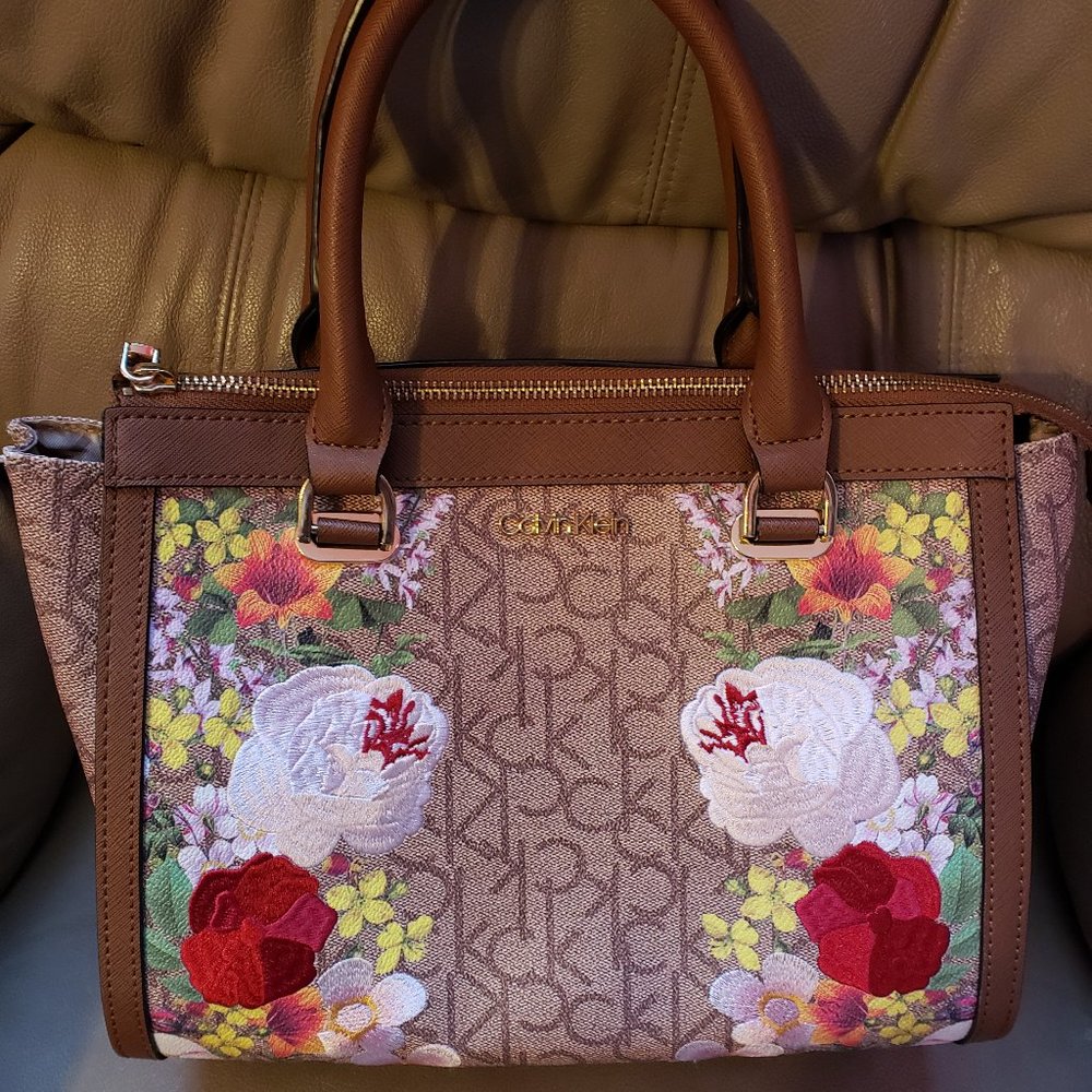 Calvin Klein Mercy Signature Satchel Embroidered Floral Brown